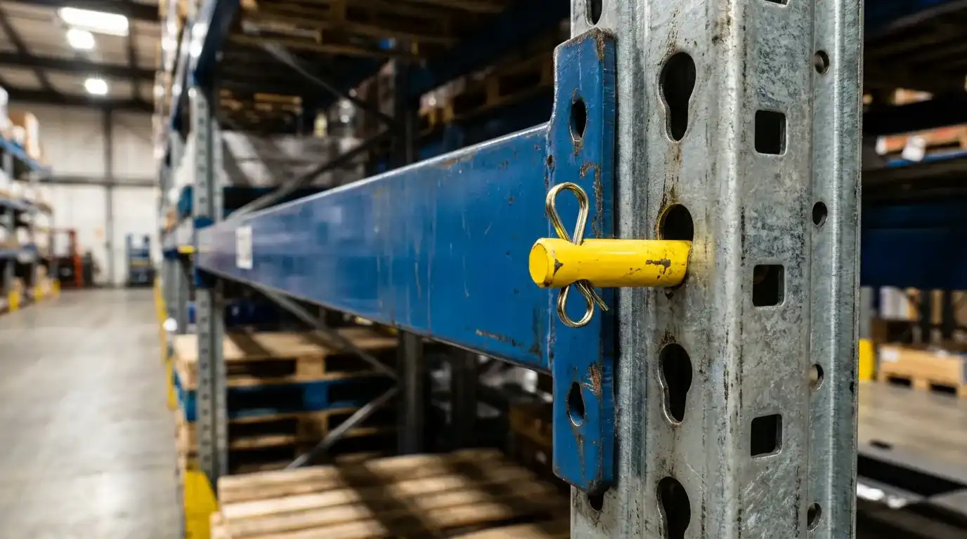 Close-up detail of a high-tensile steel beam connector engaged with an upright- featuring a yellow safety locking pin. Close up detail of a high tensile steel beam connector engaged with an upright featuring a yellow safety locking pin