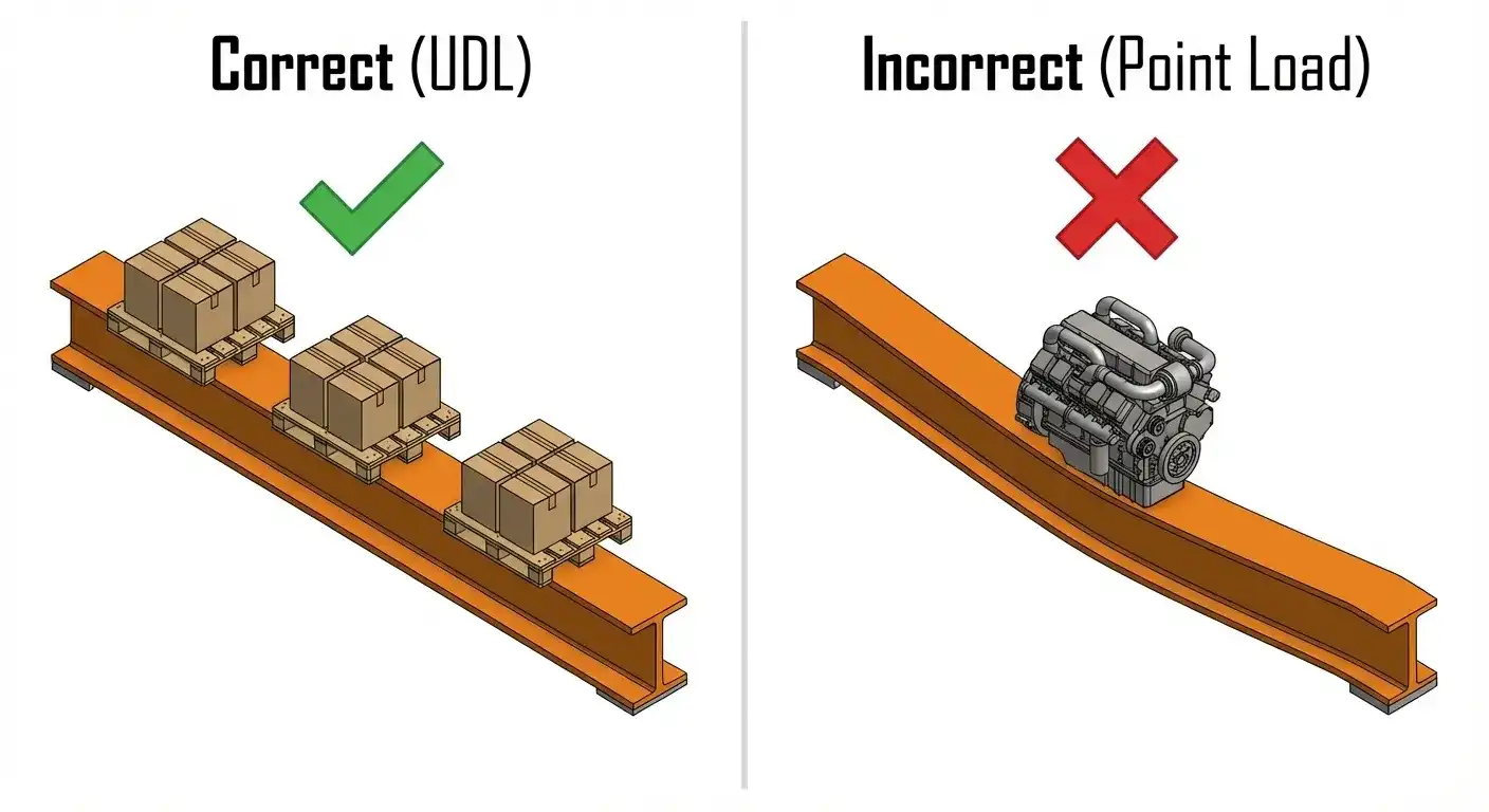 Comparison diagram illustrating the difference between Uniformly Distributed Load (UDL) and unsafe Point Loading on industrial racking beams. Comparison diagram illustrating the difference between Uniformly Distributed Load (UDL) and unsafe Point Loading on industrial racking beams