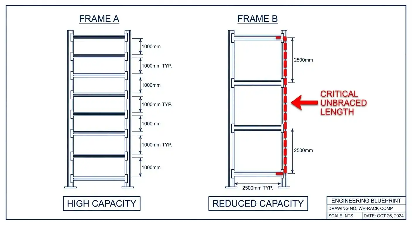 Engineering blueprint diagram showing how increasing vertical beam spacing reduces the total load capacity of upright frames. Engineering blueprint diagram showing how increasing vertical beam spacing reduces the total load capacity of upright frames