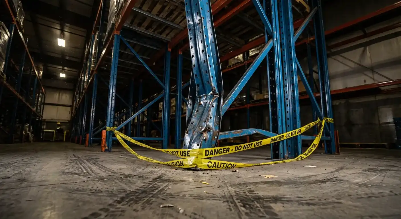Example of structural damage to a warehouse rack upright leg caused by forklift impact- indicating a need for immediate replacement. Example of structural damage to a warehouse rack upright leg caused by forklift impact indicating a need for immediate replacement