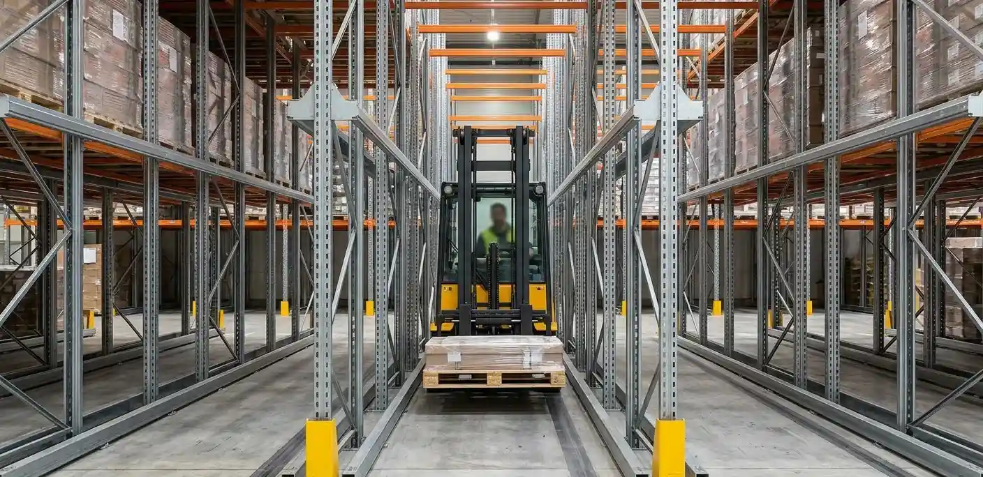 Counterbalance forklift in drive in racking lane