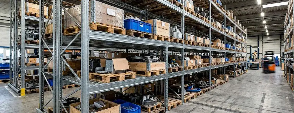 Industrial warehouse with multi-tier galvanized pallet racking systems. Industrial warehouse with multi tier galvanized pallet racking systems