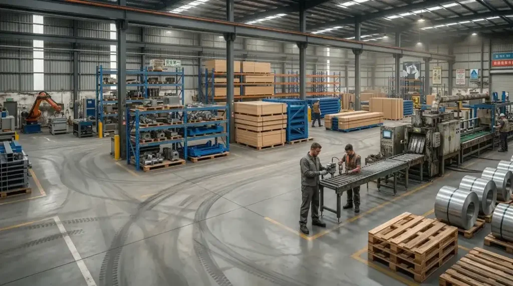Inside a busy pallet racks factory showing steel storage components and manufacturing