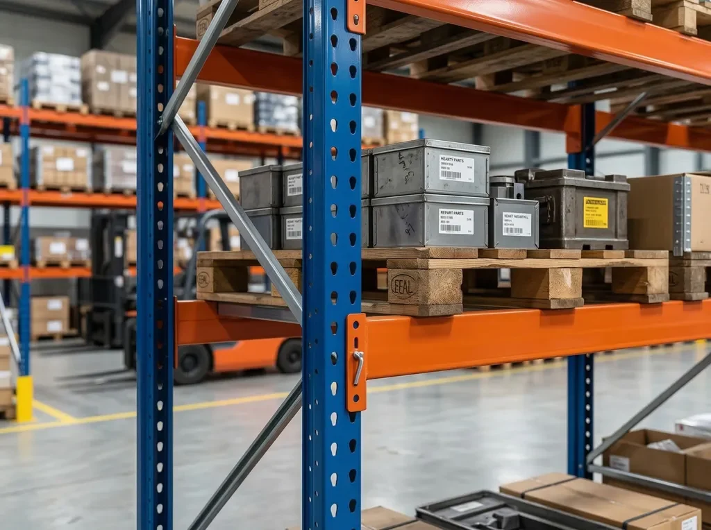 Standard heavy duty industrial pallet racks in a busy warehouse setting showing load capacity and adjustability